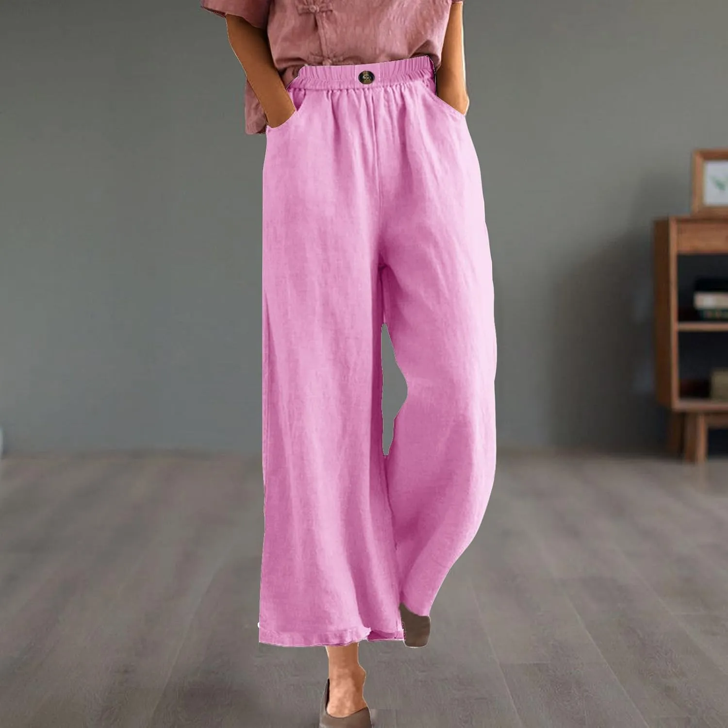 Women Solid Cotton Linen Cropped Pant, Lightweight Comfy Summer Going Out Vacation Clothes Elastic Waist Pockets Trousers