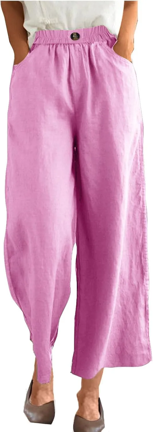 Women Solid Cotton Linen Cropped Pant, Lightweight Comfy Summer Going Out Vacation Clothes Elastic Waist Pockets Trousers