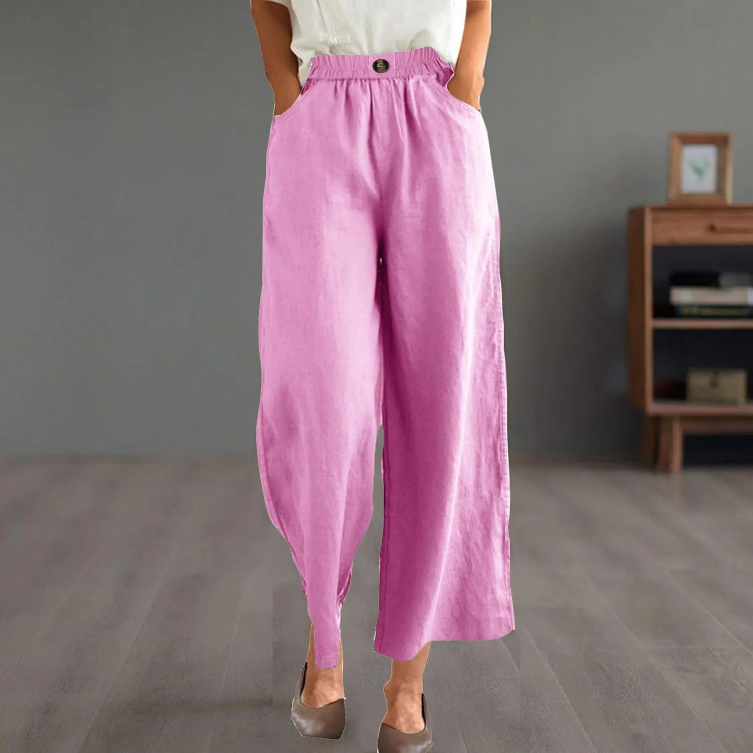 Women Solid Cotton Linen Cropped Pant, Lightweight Comfy Summer Going Out Vacation Clothes Elastic Waist Pockets Trousers