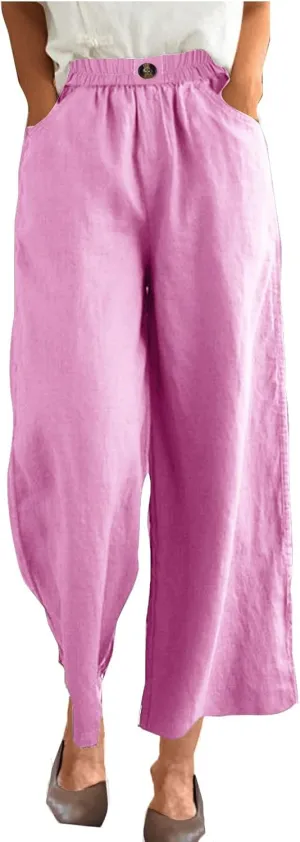 Women Solid Cotton Linen Cropped Pant, Lightweight Comfy Summer Going Out Vacation Clothes Elastic Waist Pockets Trousers