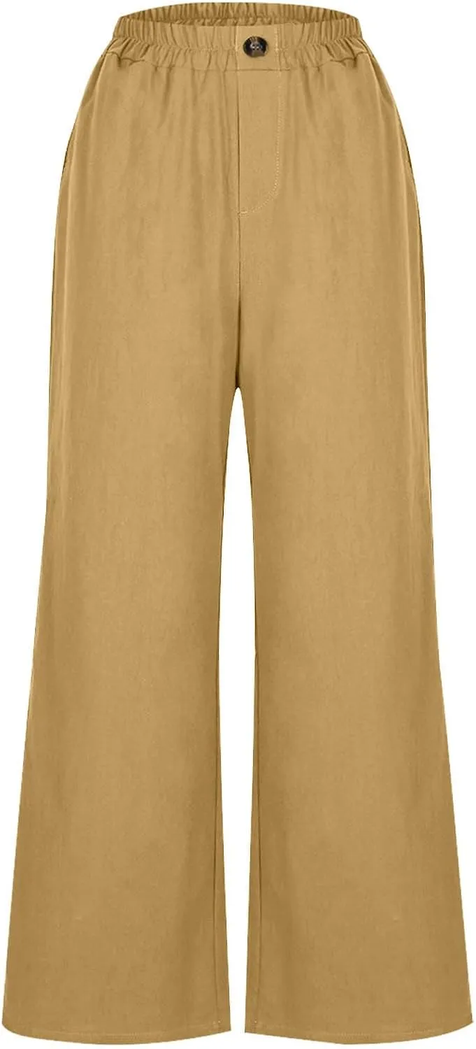 Women Solid Cotton Linen Cropped Pant, Lightweight Comfy Summer Going Out Vacation Clothes Elastic Waist Pockets Trousers