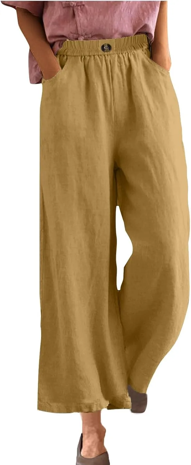 Women Solid Cotton Linen Cropped Pant, Lightweight Comfy Summer Going Out Vacation Clothes Elastic Waist Pockets Trousers