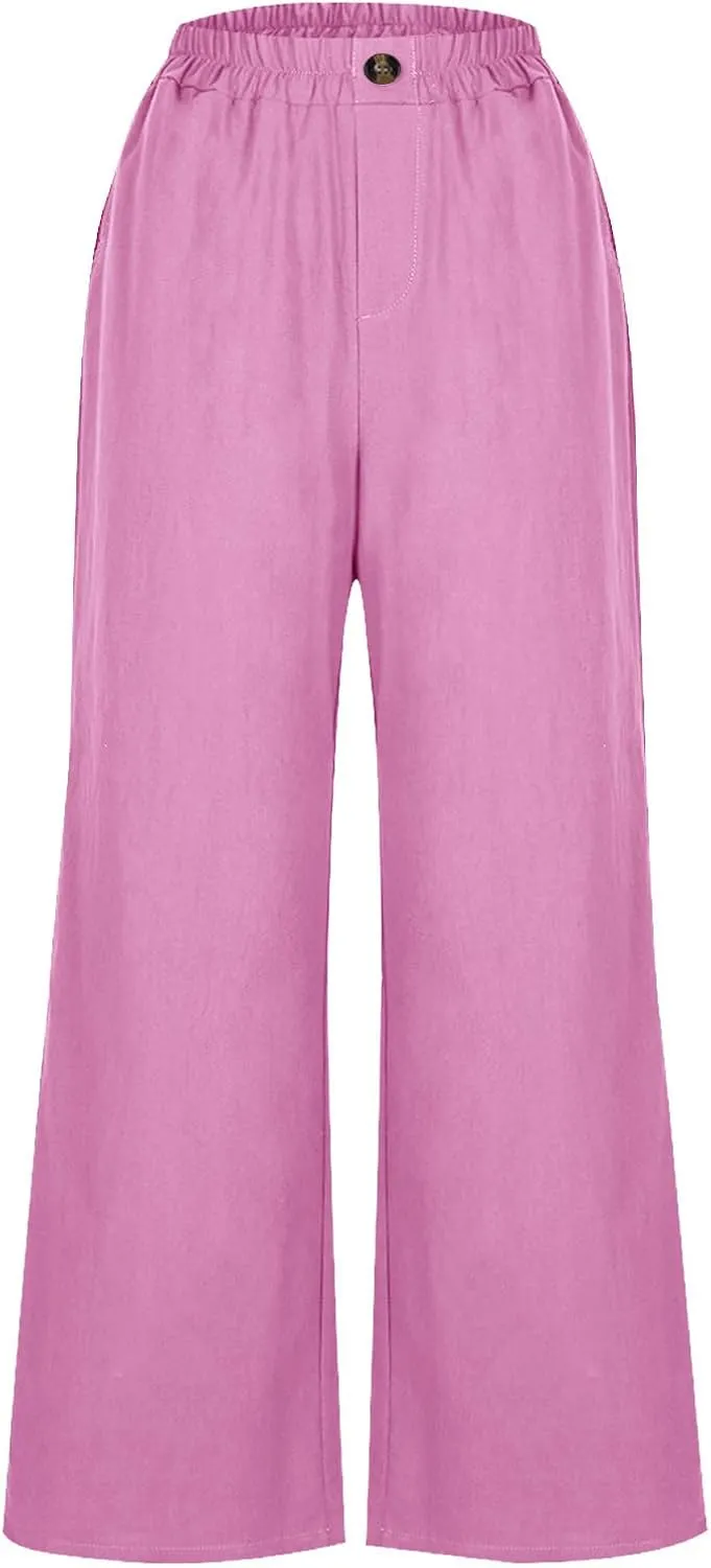 Women Solid Cotton Linen Cropped Pant, Lightweight Comfy Summer Going Out Vacation Clothes Elastic Waist Pockets Trousers
