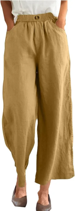 Women Solid Cotton Linen Cropped Pant, Lightweight Comfy Summer Going Out Vacation Clothes Elastic Waist Pockets Trousers