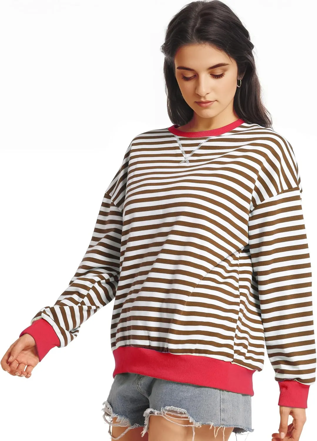 Women Striped Oversized Sweatshirt Long Sleeve Crewneck Shirt Fall Fashion 2025 Pullover Top Preppy Y2K Clothes