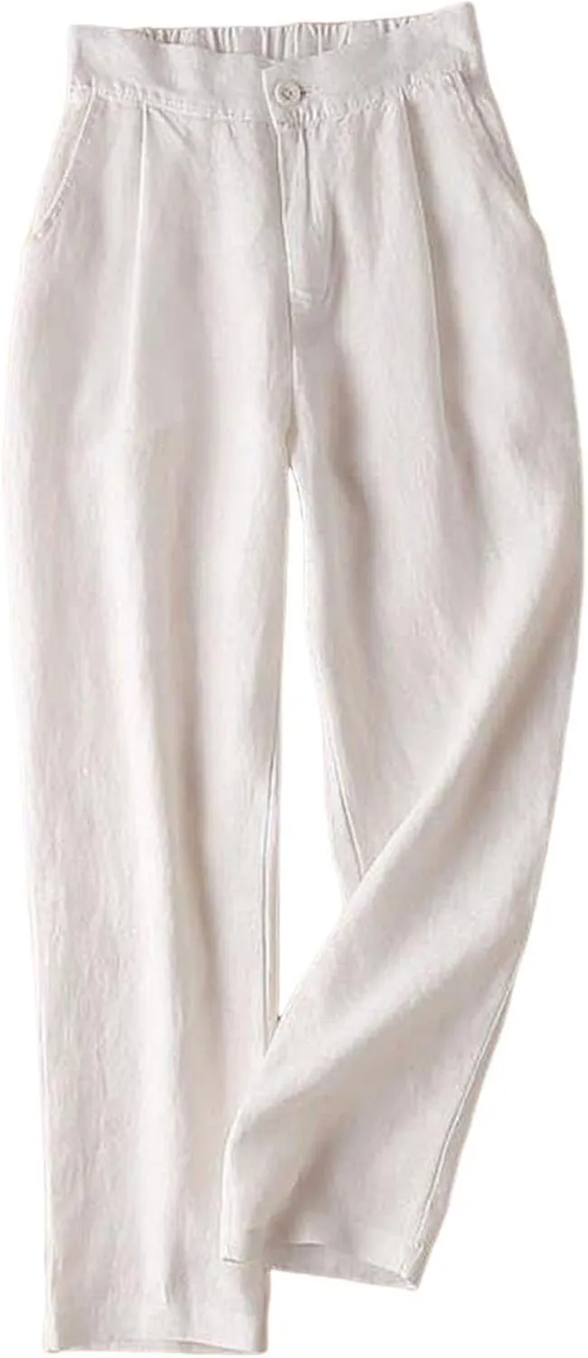 Women Summer Cotton Linen Pants 2024 Trendy Elastic Waistband Wide Leg Trousers Resort wear Clothes with Pockets