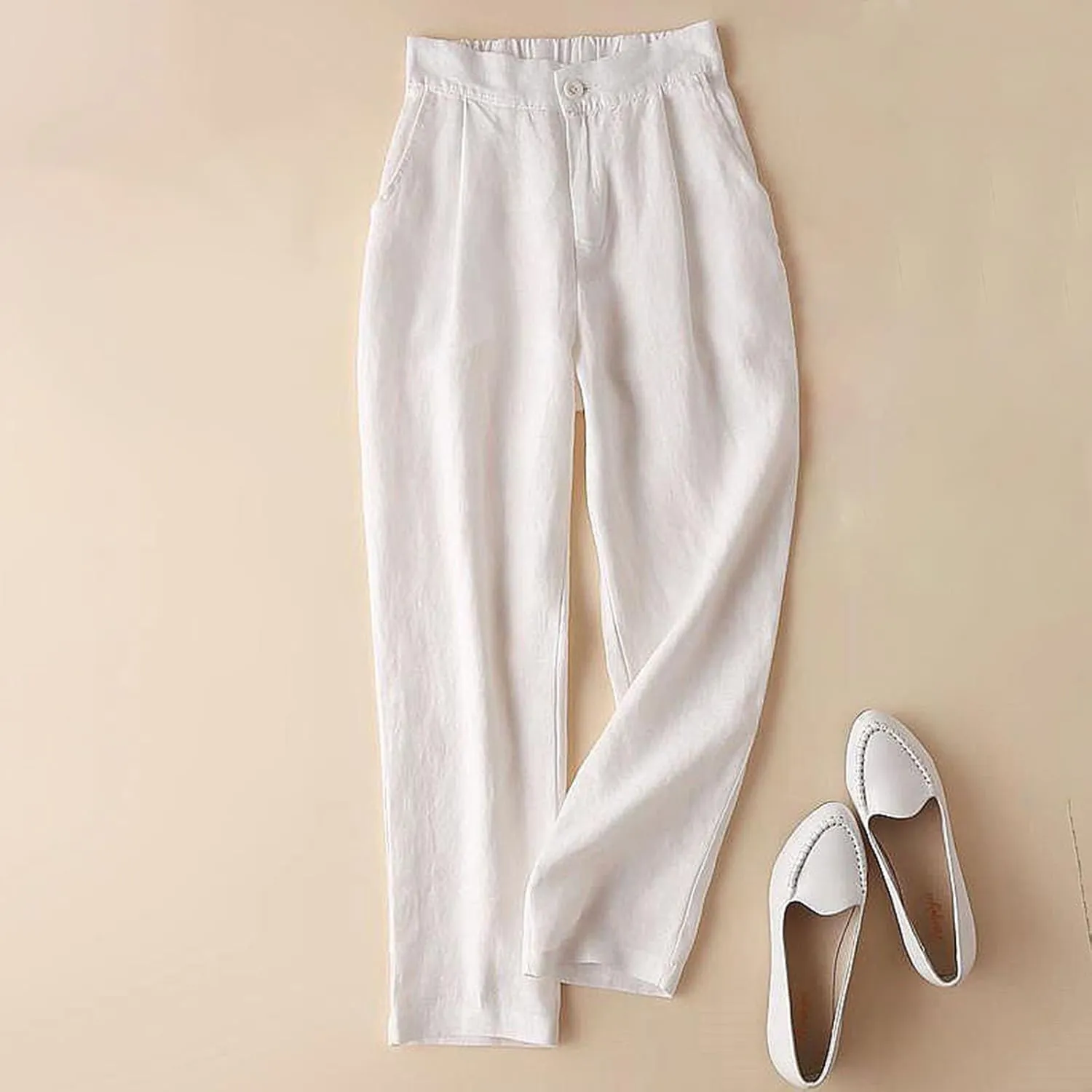 Women Summer Cotton Linen Pants 2024 Trendy Elastic Waistband Wide Leg Trousers Resort wear Clothes with Pockets