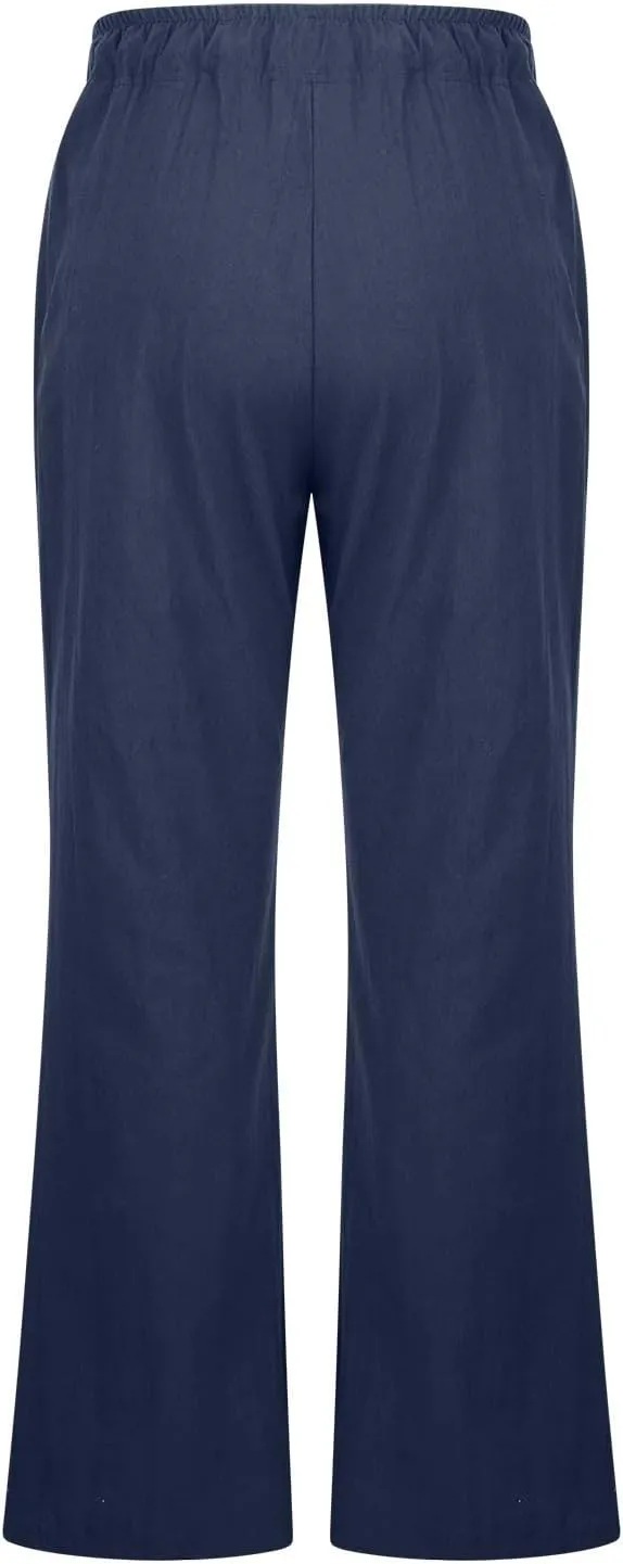 Women Summer High Waist Baggy Pants Loose Fit Cotton Linen Home Pants Casual Solid Elastic Waist Bell Bottom Trouser