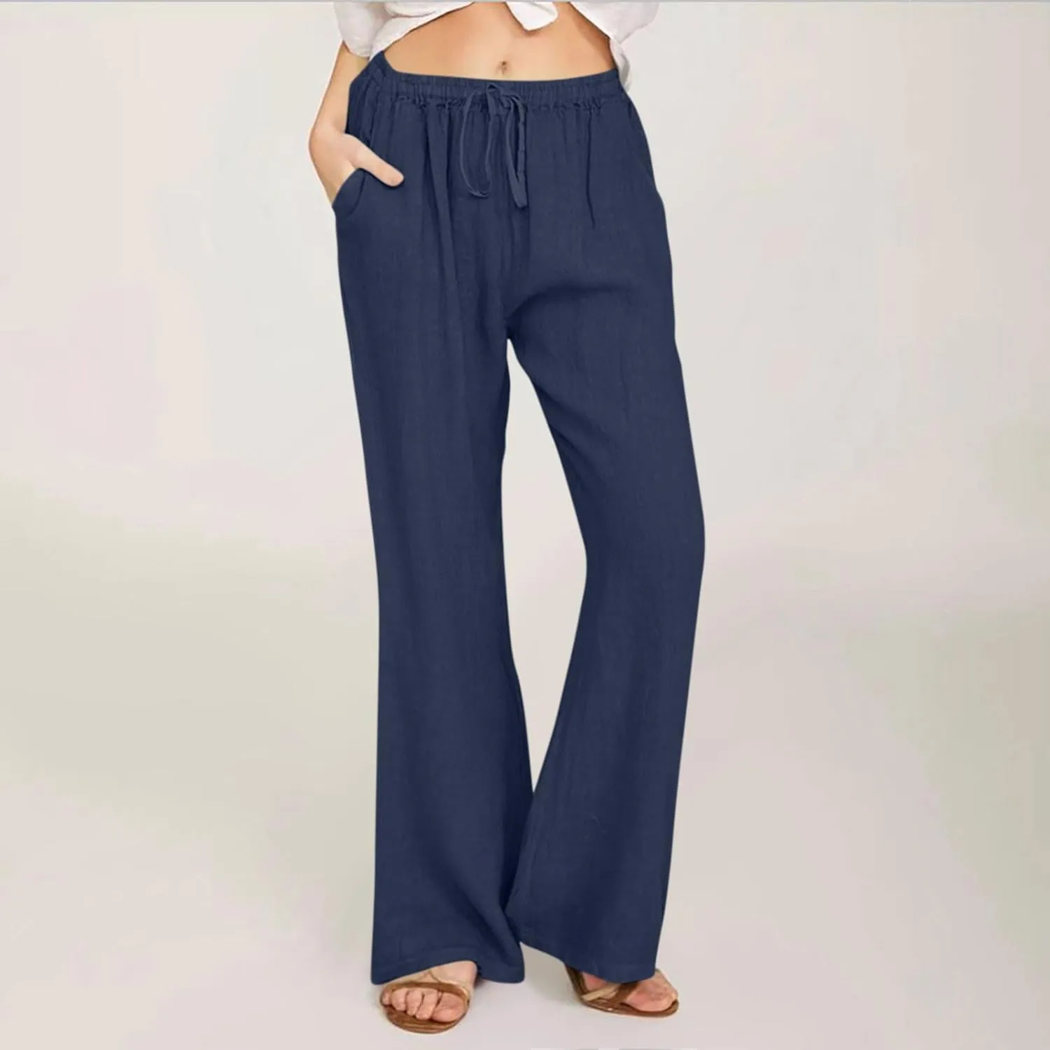 Women Summer High Waist Baggy Pants Loose Fit Cotton Linen Home Pants Casual Solid Elastic Waist Bell Bottom Trouser