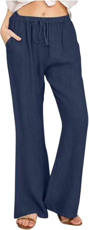 Women Summer High Waist Baggy Pants Loose Fit Cotton Linen Home Pants Casual Solid Elastic Waist Bell Bottom Trouser