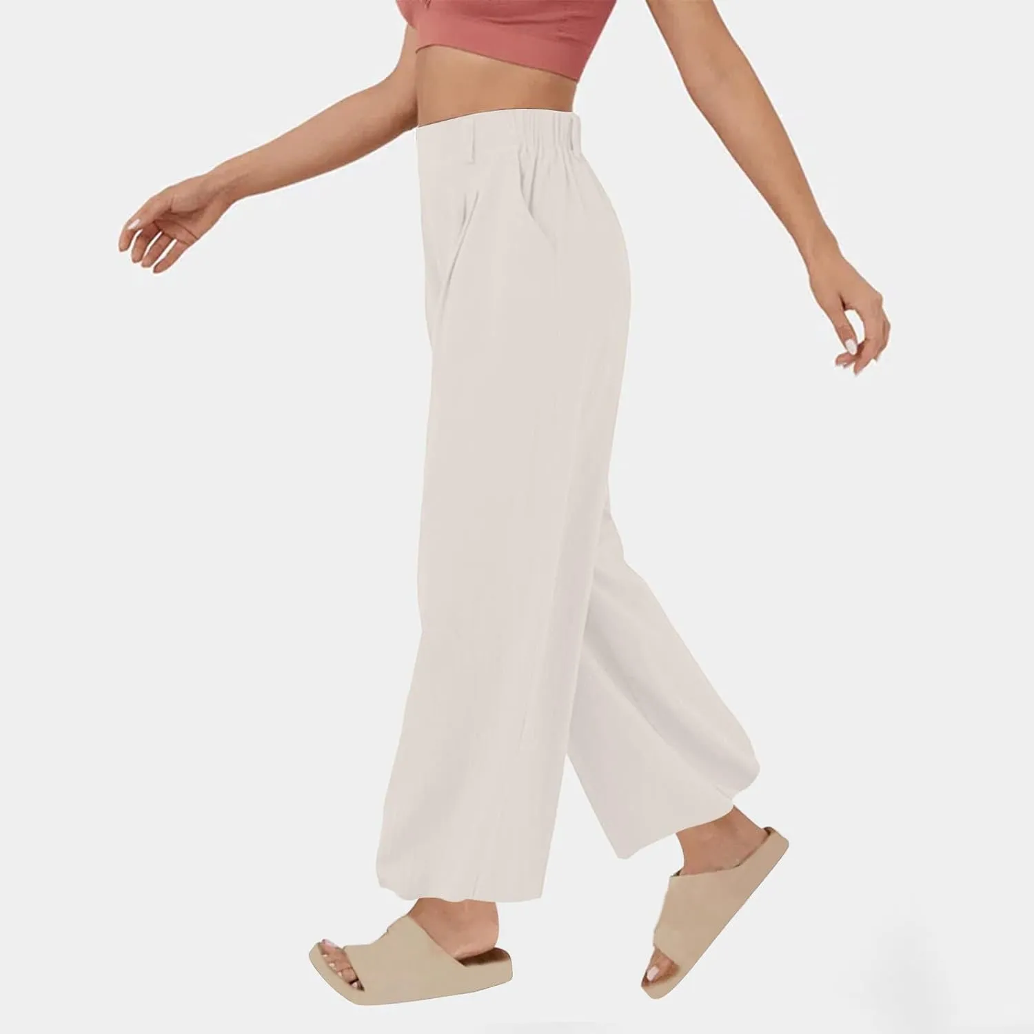 Women Summer Linen Pants Wide Leg High Waisted Capris Casaul Loose Fit Trousers with Pocket Beach Travel Outfits 2025