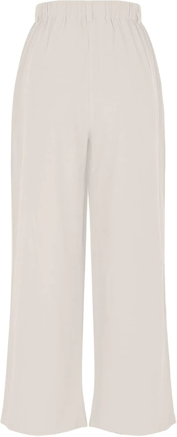 Women Summer Linen Pants Wide Leg High Waisted Capris Casaul Loose Fit Trousers with Pocket Beach Travel Outfits 2025