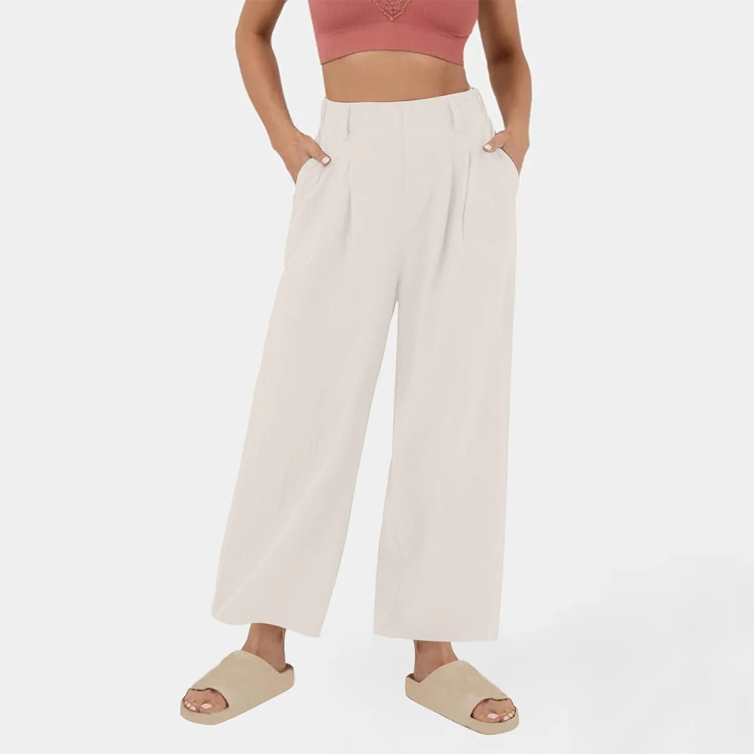 Women Summer Linen Pants Wide Leg High Waisted Capris Casaul Loose Fit Trousers with Pocket Beach Travel Outfits 2025