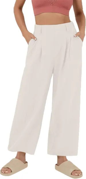 Women Summer Linen Pants Wide Leg High Waisted Capris Casaul Loose Fit Trousers with Pocket Beach Travel Outfits 2025