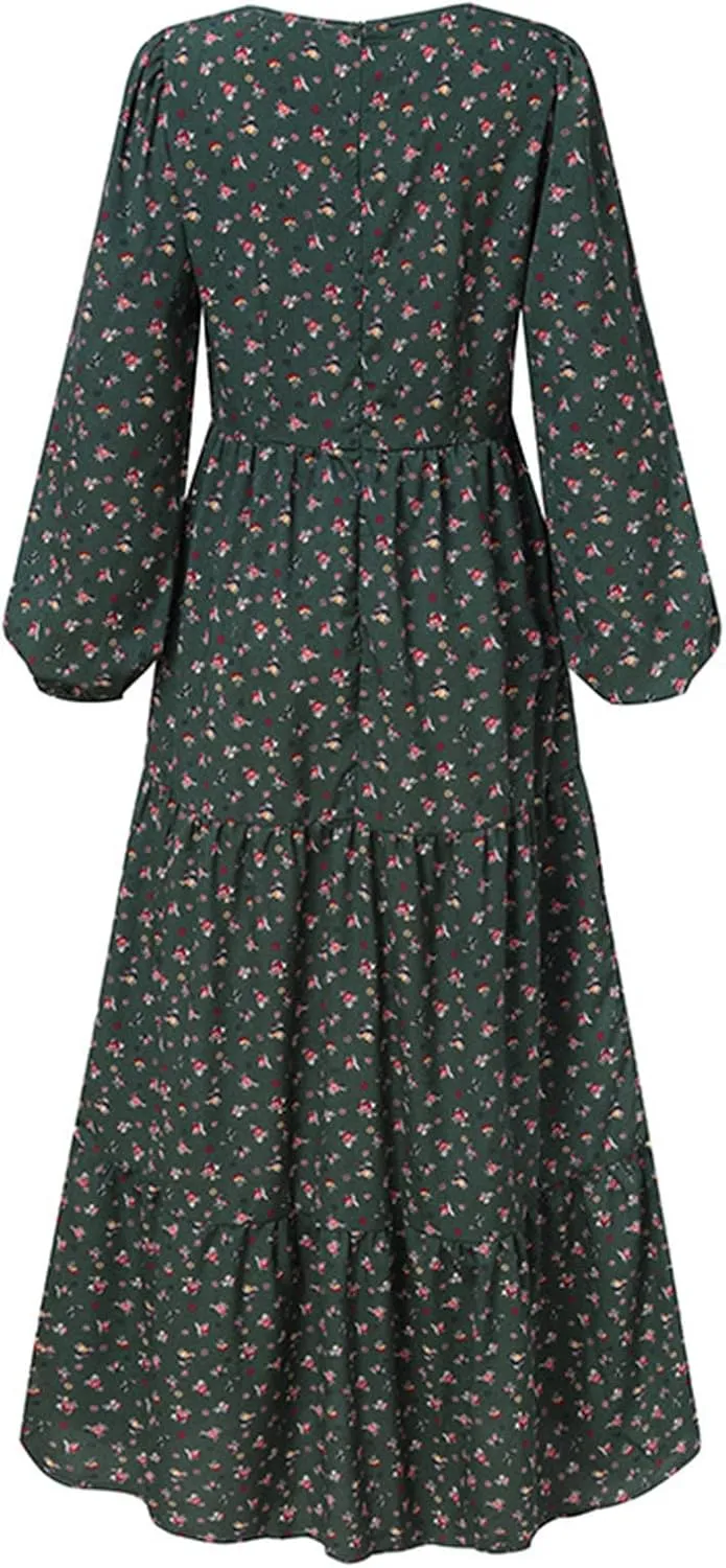 Womens 2025 Spring Floral Chiffon Dress Long Sleeve Wrap V Neck Ruffle Maxi Dress Casual Tiered Flowy Long Dresses