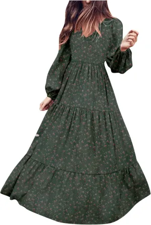 Womens 2025 Spring Floral Chiffon Dress Long Sleeve Wrap V Neck Ruffle Maxi Dress Casual Tiered Flowy Long Dresses