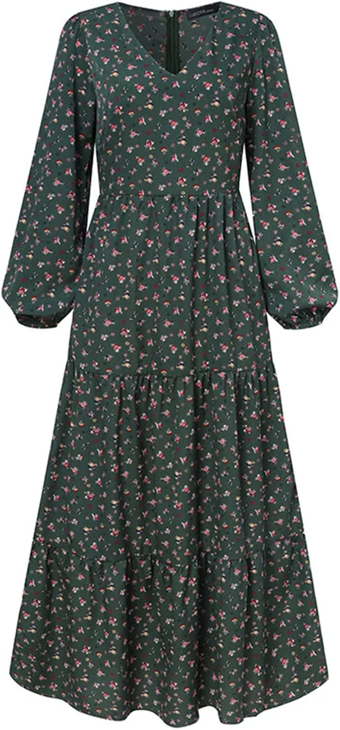 Womens 2025 Spring Floral Chiffon Dress Long Sleeve Wrap V Neck Ruffle Maxi Dress Casual Tiered Flowy Long Dresses