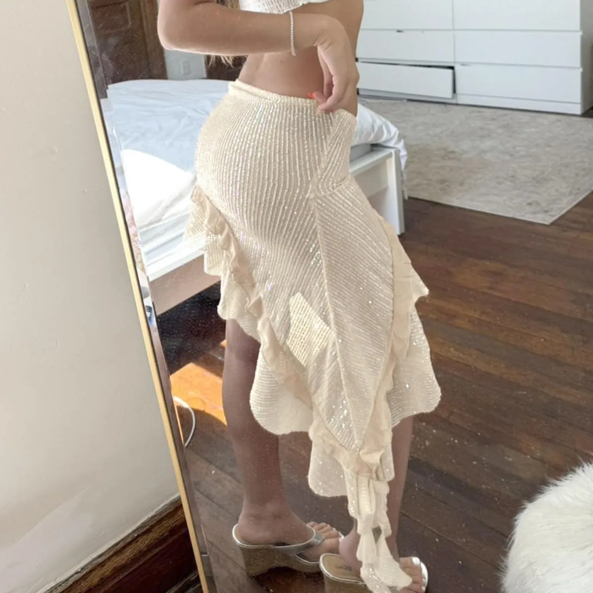 Women's Asymmetrical Ruffle Trim Skirt Sparkly Glitter Midi Floral Lace Layered Sexy Flowy Beach Pleated Mini Skirt