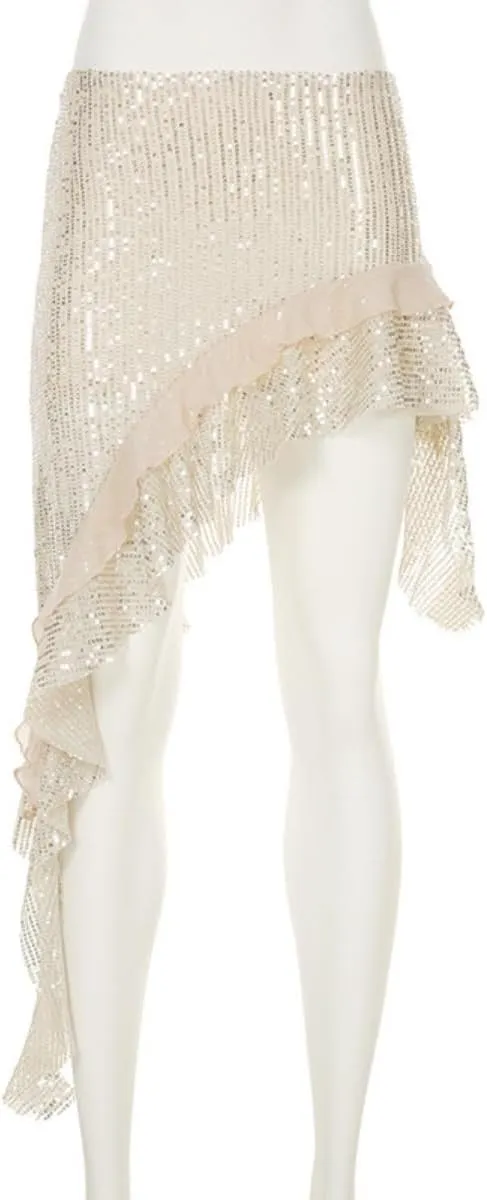 Women's Asymmetrical Ruffle Trim Skirt Sparkly Glitter Midi Floral Lace Layered Sexy Flowy Beach Pleated Mini Skirt