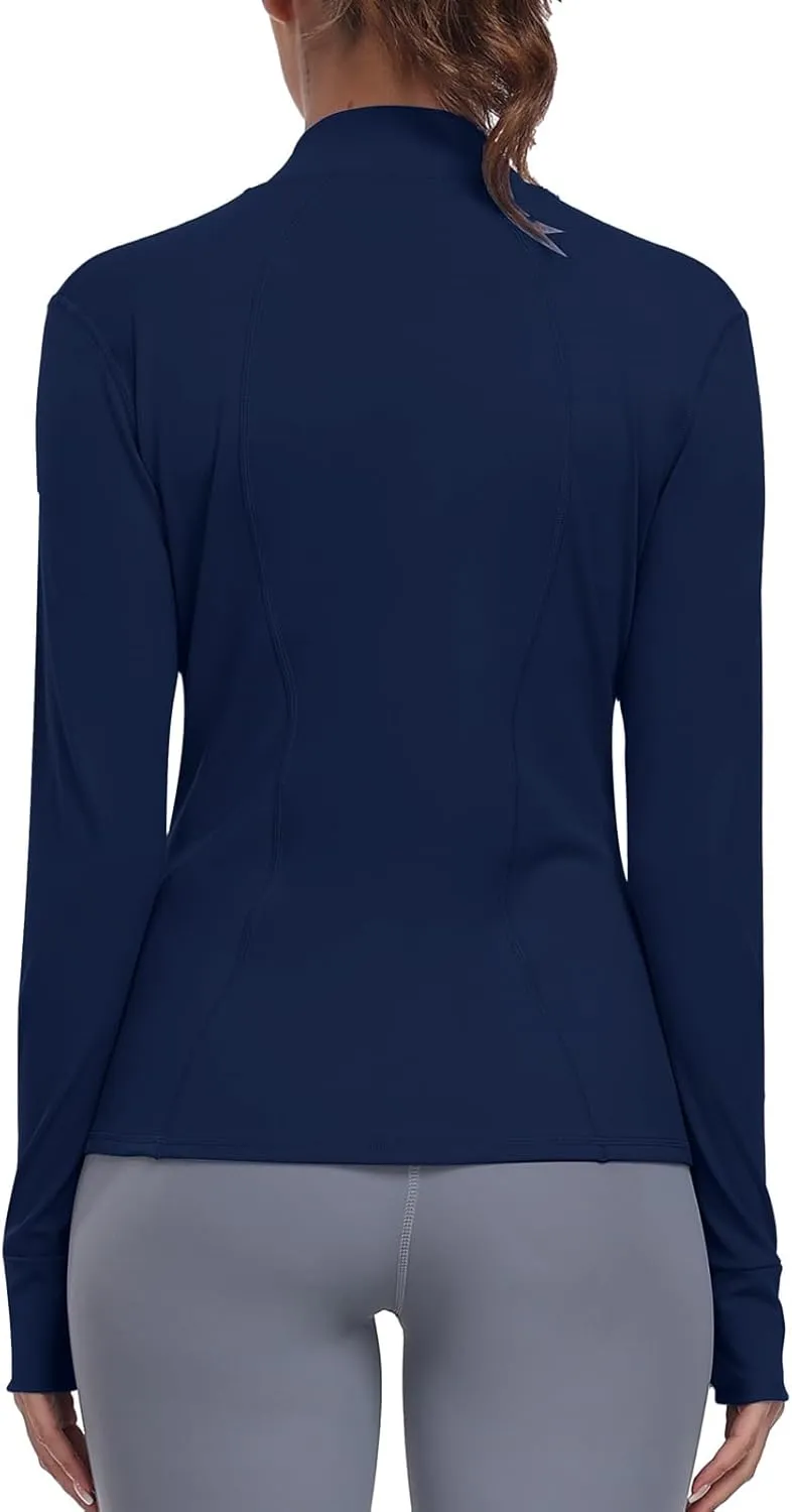Women's Athletic Full Zip Lightweight Workout Jacket With Pockets Running Yoga Sportwear With Thumb Holes
