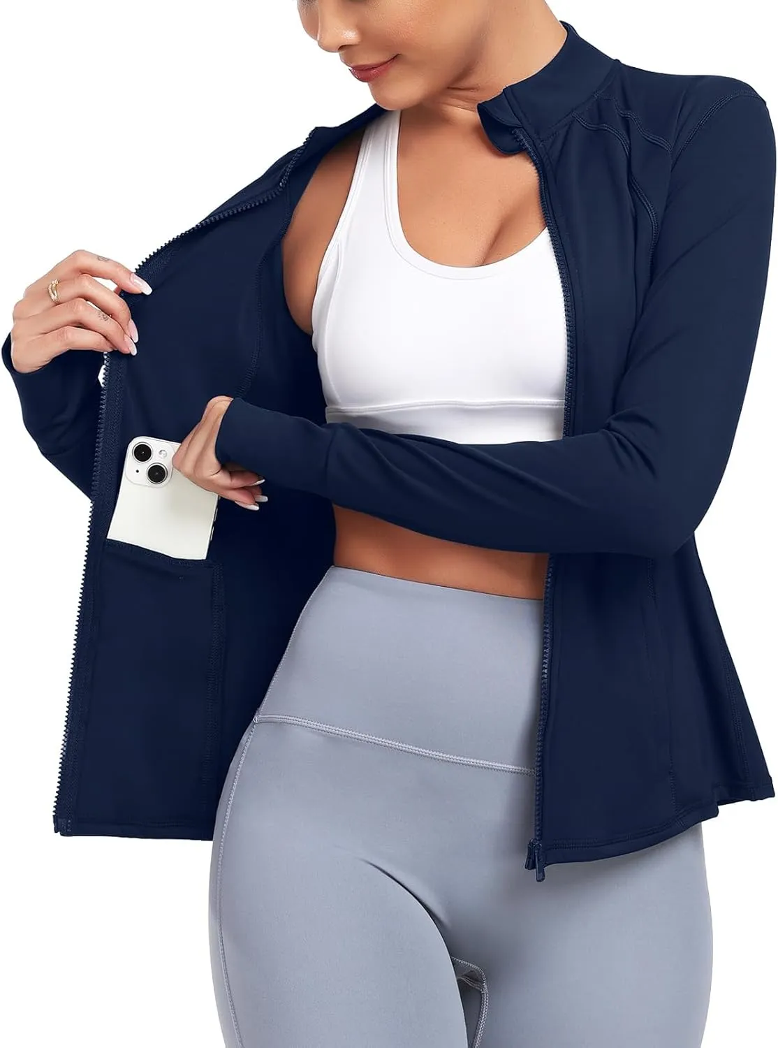 Women's Athletic Full Zip Lightweight Workout Jacket With Pockets Running Yoga Sportwear With Thumb Holes