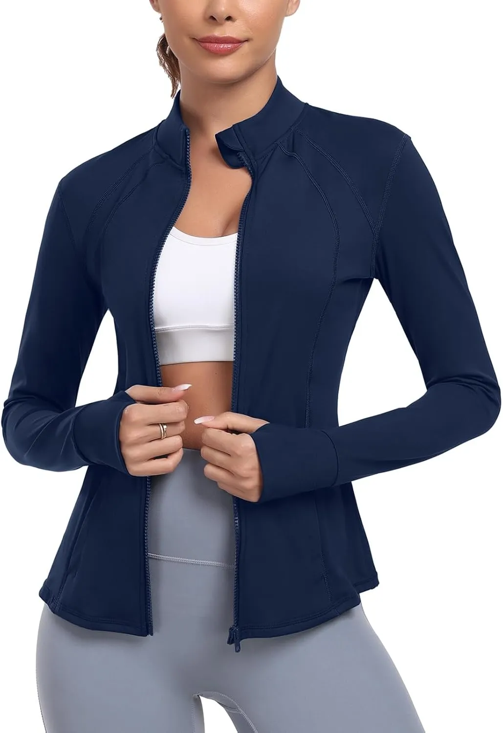 Women's Athletic Full Zip Lightweight Workout Jacket With Pockets Running Yoga Sportwear With Thumb Holes