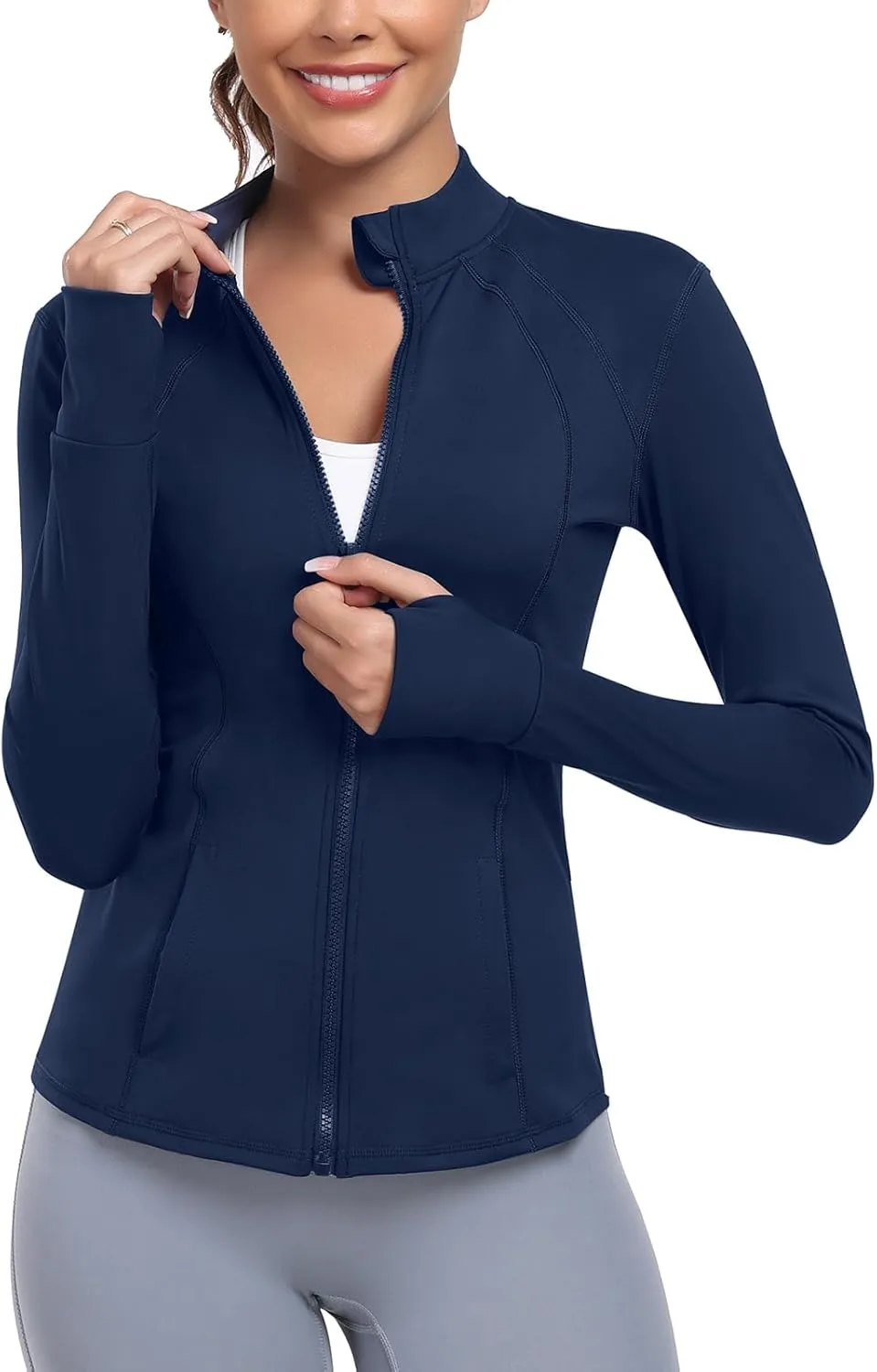 Women's Athletic Full Zip Lightweight Workout Jacket With Pockets Running Yoga Sportwear With Thumb Holes