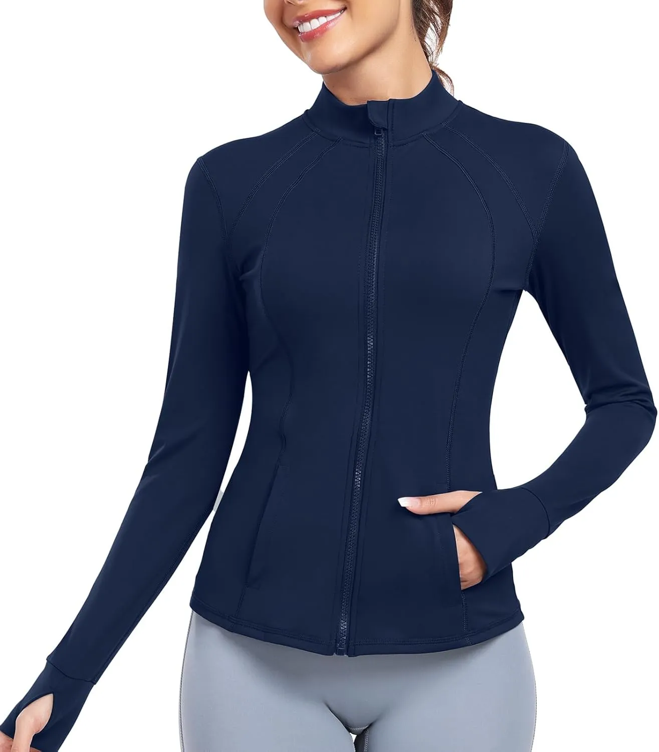 Women's Athletic Full Zip Lightweight Workout Jacket With Pockets Running Yoga Sportwear With Thumb Holes