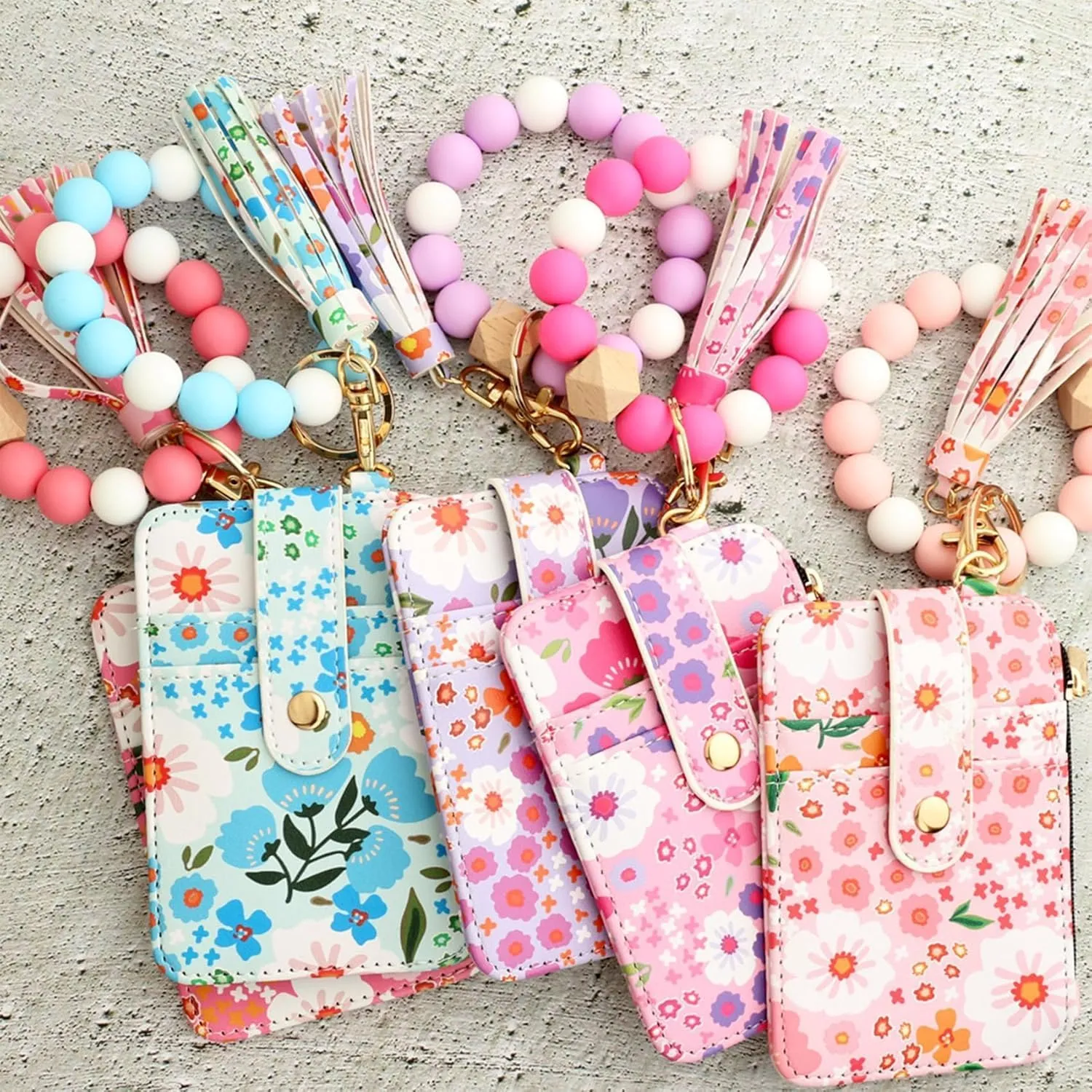 Women's Boho Beaded Wallet, Women's Boho Style Wristlet Beaded & Tassel Decorated Keychain Wallet with Flower Pattern (Dark Pink)