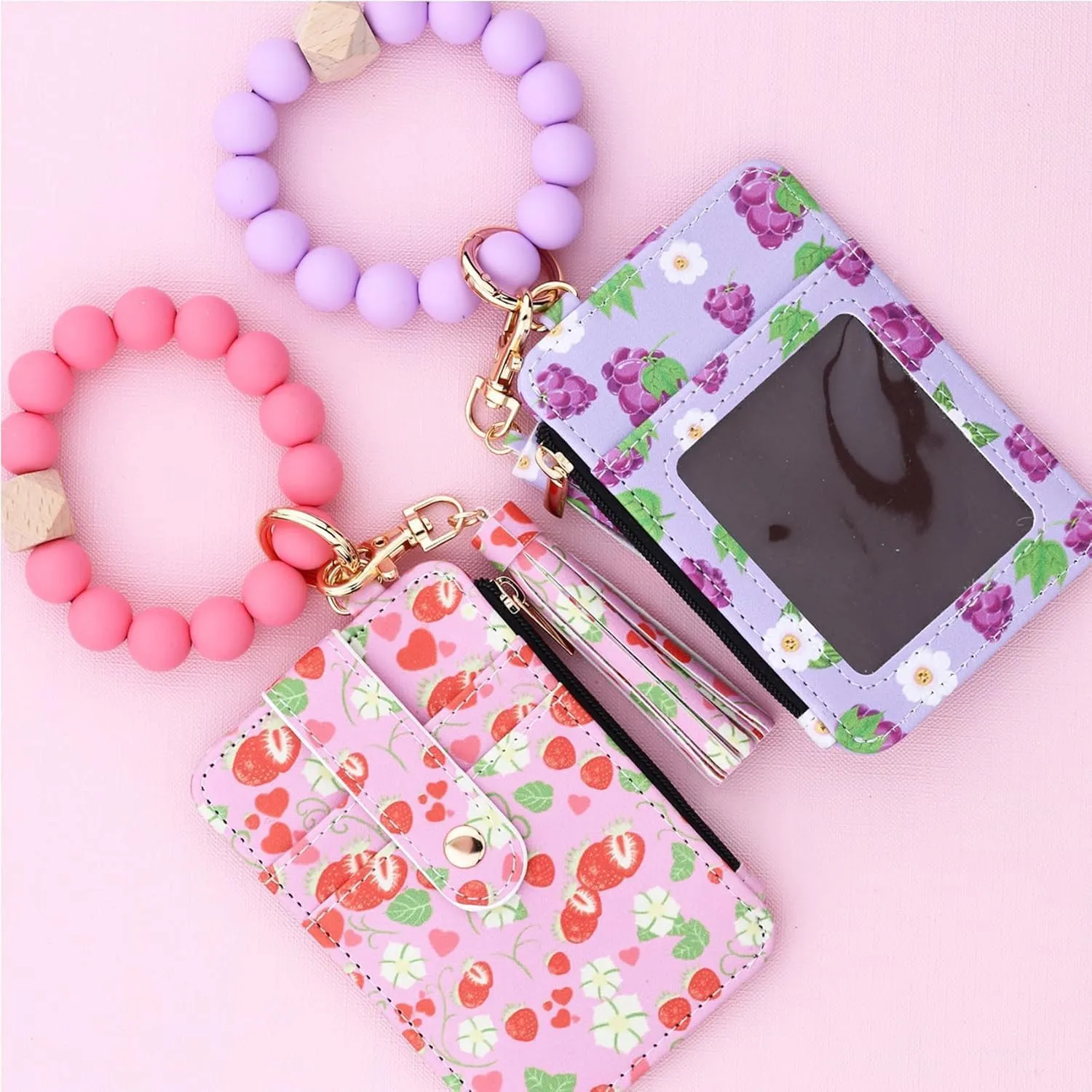 Women's Boho Beaded Wallet, Women's Boho Style Wristlet Beaded & Tassel Decorated Keychain Wallet with Flower Pattern (Dark Pink)