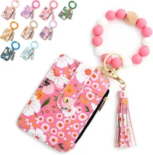 Women's Boho Beaded Wallet, Women's Boho Style Wristlet Beaded & Tassel Decorated Keychain Wallet with Flower Pattern (Dark Pink)