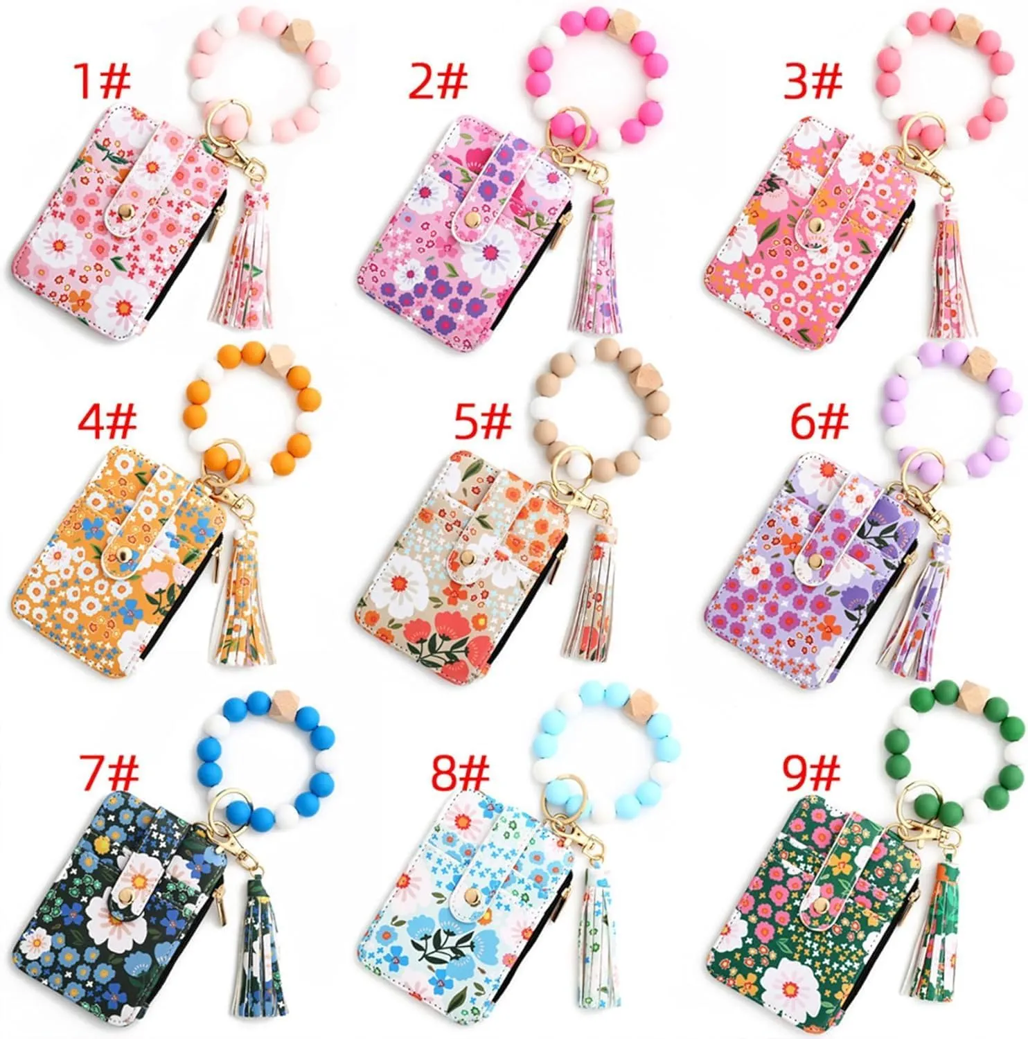 Women's Boho Beaded Wallet, Women's Boho Style Wristlet Beaded & Tassel Decorated Keychain Wallet with Flower Pattern (Dark Pink)