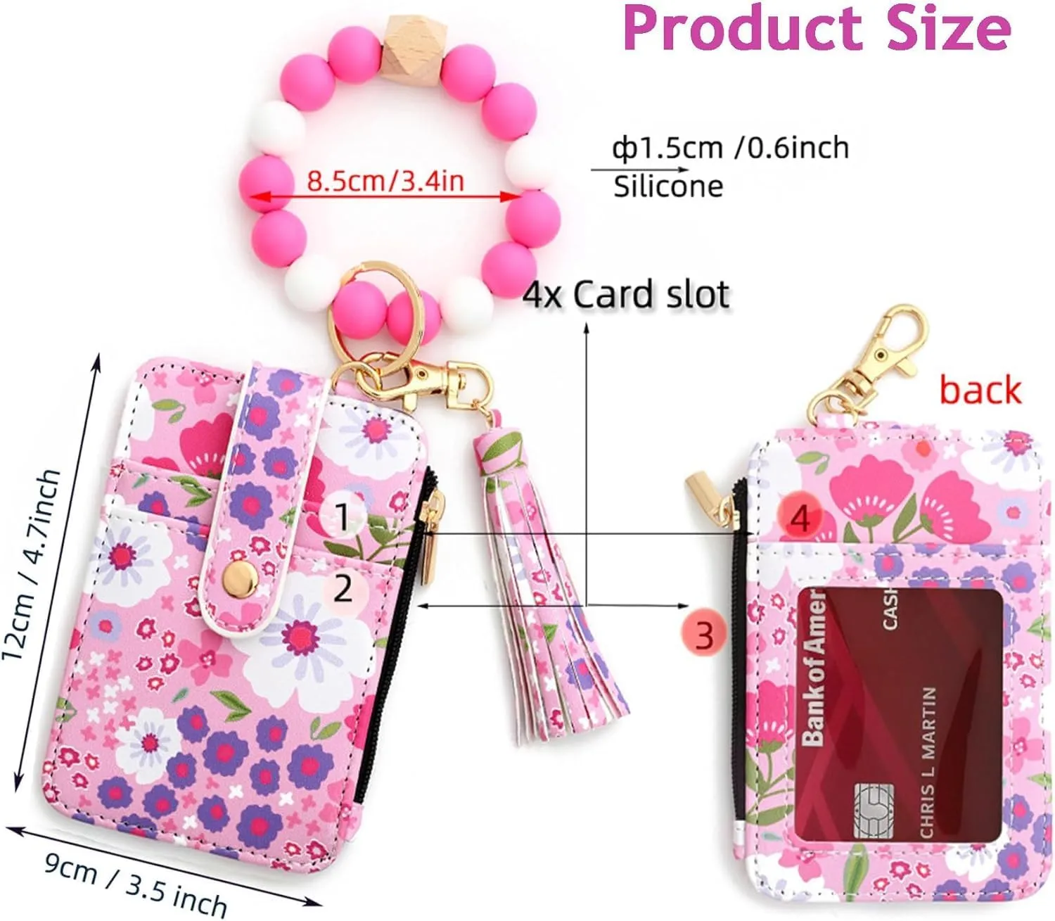Women's Boho Beaded Wallet, Women's Boho Style Wristlet Beaded & Tassel Decorated Keychain Wallet with Flower Pattern (Dark Pink)