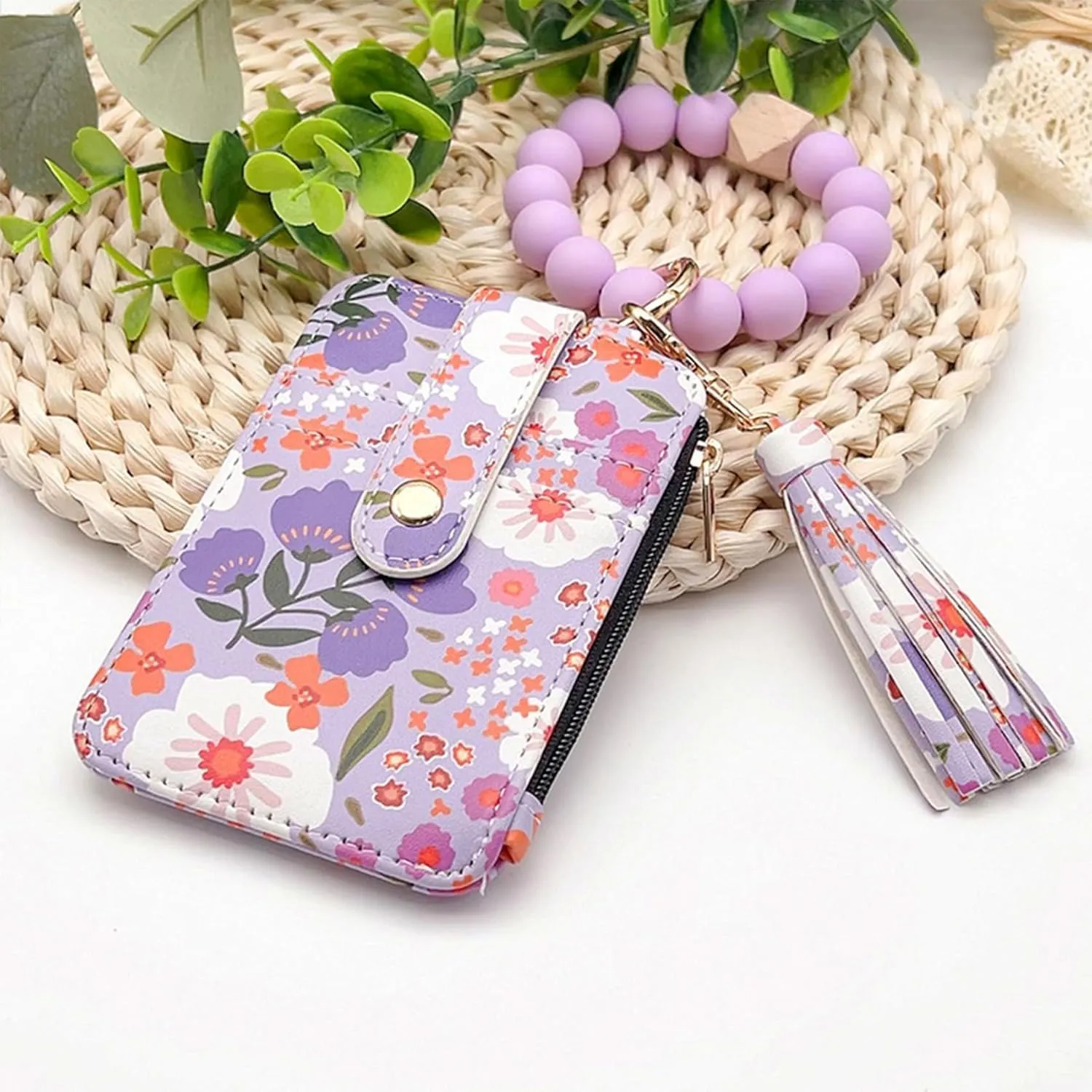 Women's Boho Beaded Wallet, Women's Boho Style Wristlet Beaded & Tassel Decorated Keychain Wallet with Flower Pattern (Dark Pink)