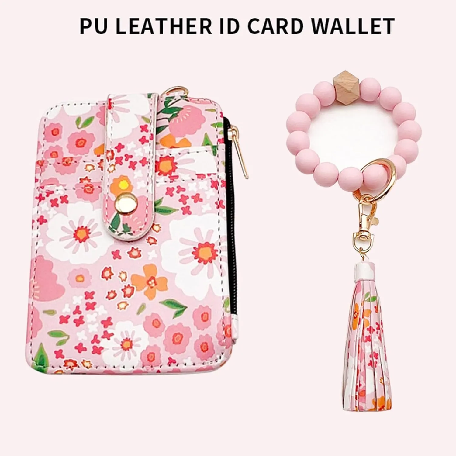 Women's Boho Beaded Wallet, Women's Boho Style Wristlet Beaded & Tassel Decorated Keychain Wallet with Flower Pattern (Dark Pink)