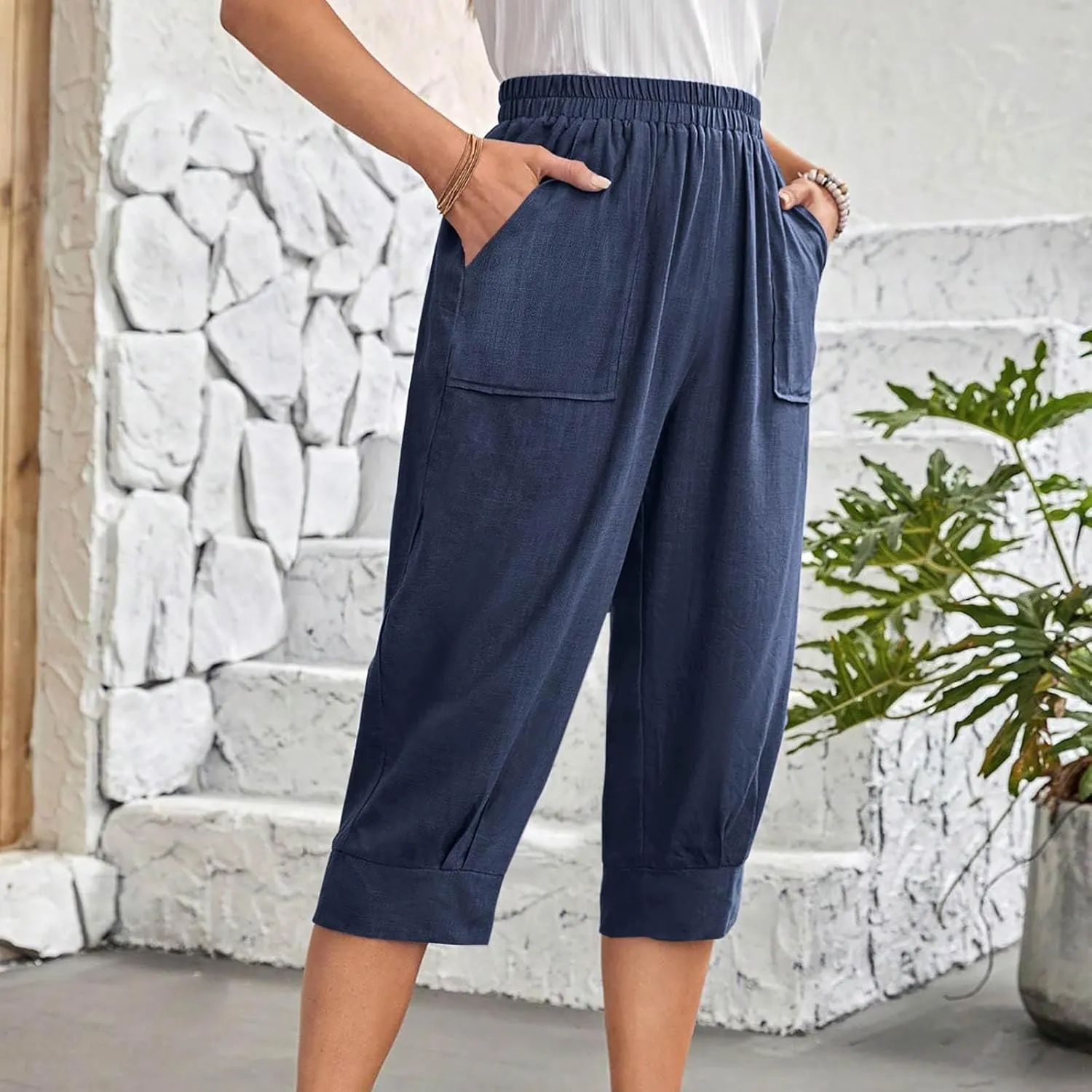 Womens Capri Pants Cotton Linen Loose Elastic High Waisted Lounge Pants Casual Palazzo Trousers with Pockets 2025