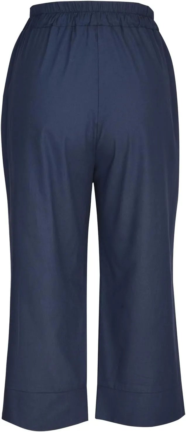 Womens Capri Pants Cotton Linen Loose Elastic High Waisted Lounge Pants Casual Palazzo Trousers with Pockets 2025