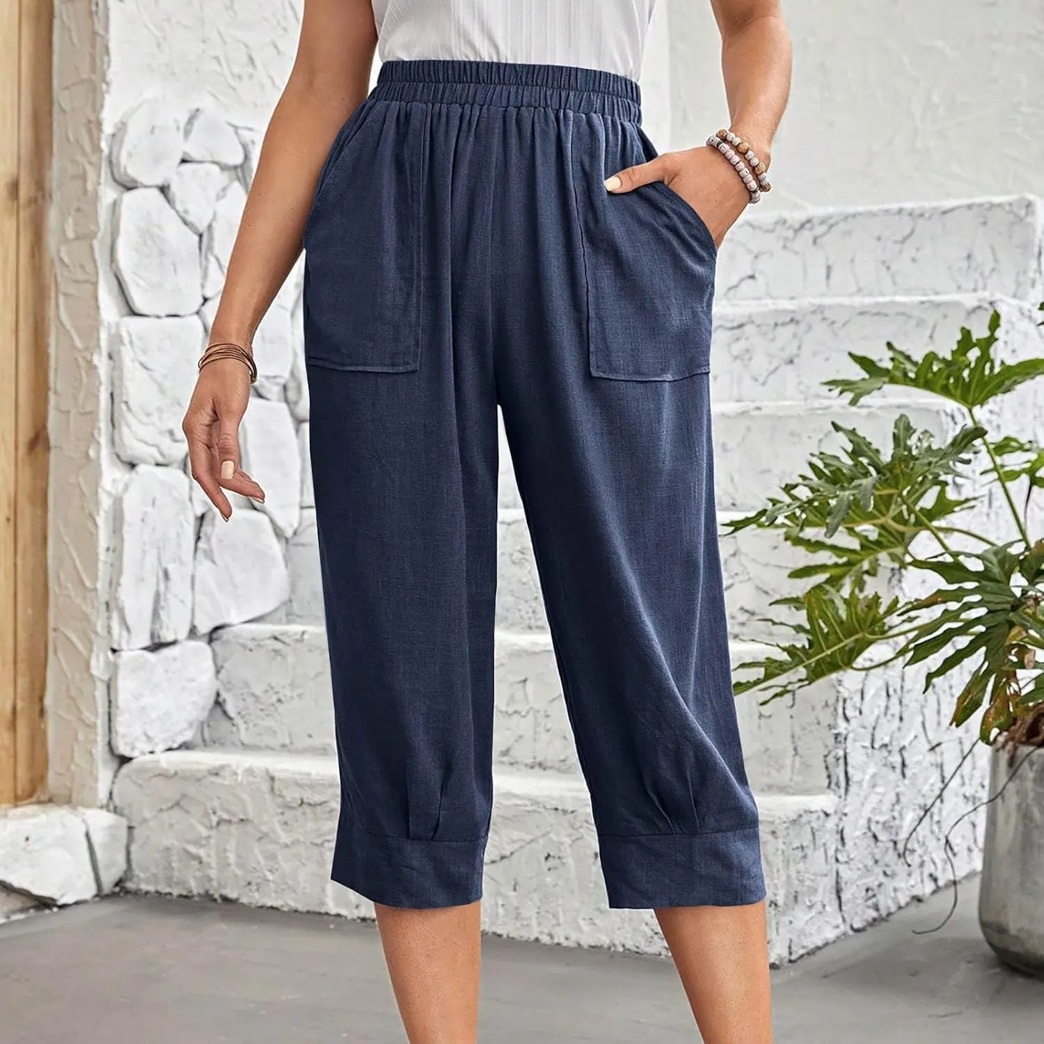Womens Capri Pants Cotton Linen Loose Elastic High Waisted Lounge Pants Casual Palazzo Trousers with Pockets 2025
