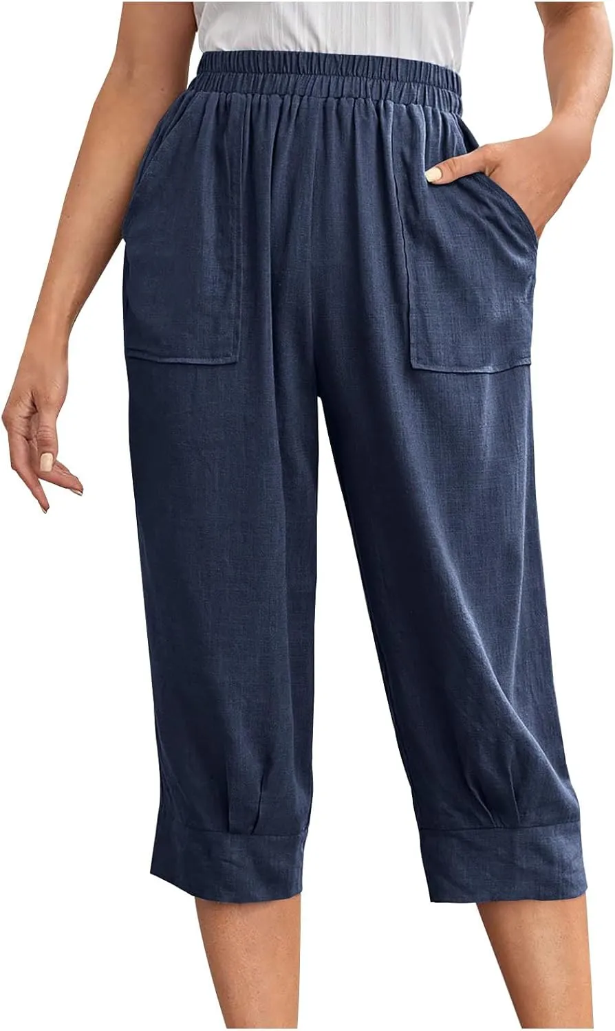 Womens Capri Pants Cotton Linen Loose Elastic High Waisted Lounge Pants Casual Palazzo Trousers with Pockets 2025