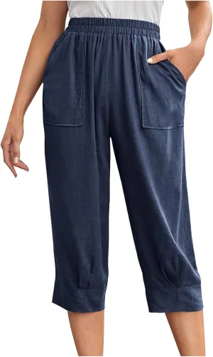 Womens Capri Pants Cotton Linen Loose Elastic High Waisted Lounge Pants Casual Palazzo Trousers with Pockets 2025