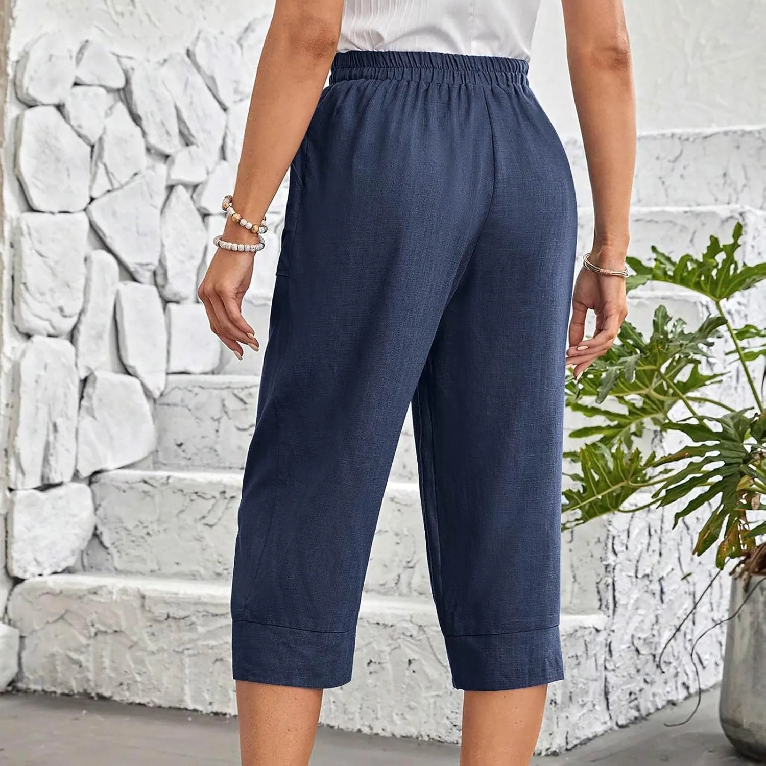 Womens Capri Pants Cotton Linen Loose Elastic High Waisted Lounge Pants Casual Palazzo Trousers with Pockets 2025