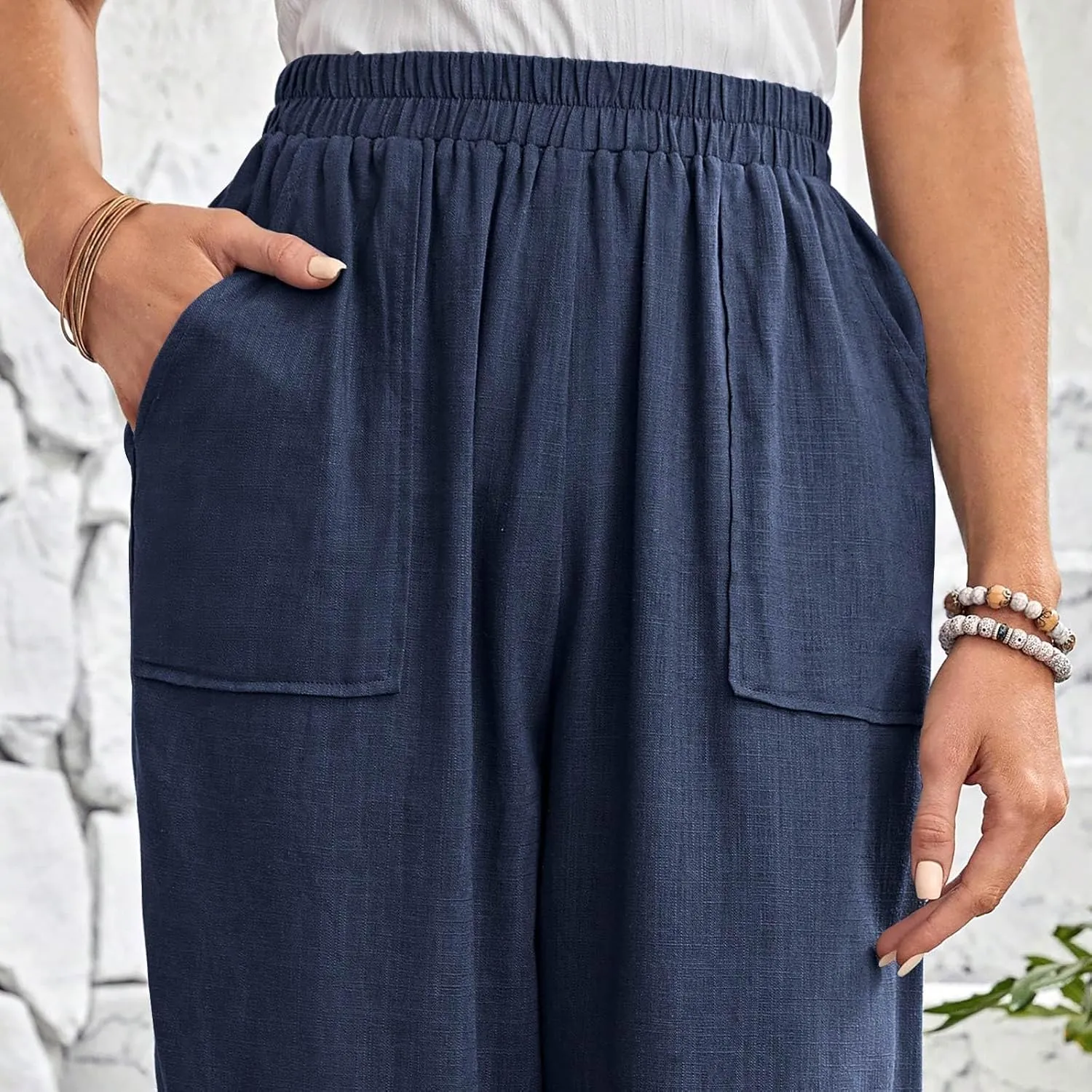 Womens Capri Pants Cotton Linen Loose Elastic High Waisted Lounge Pants Casual Palazzo Trousers with Pockets 2025