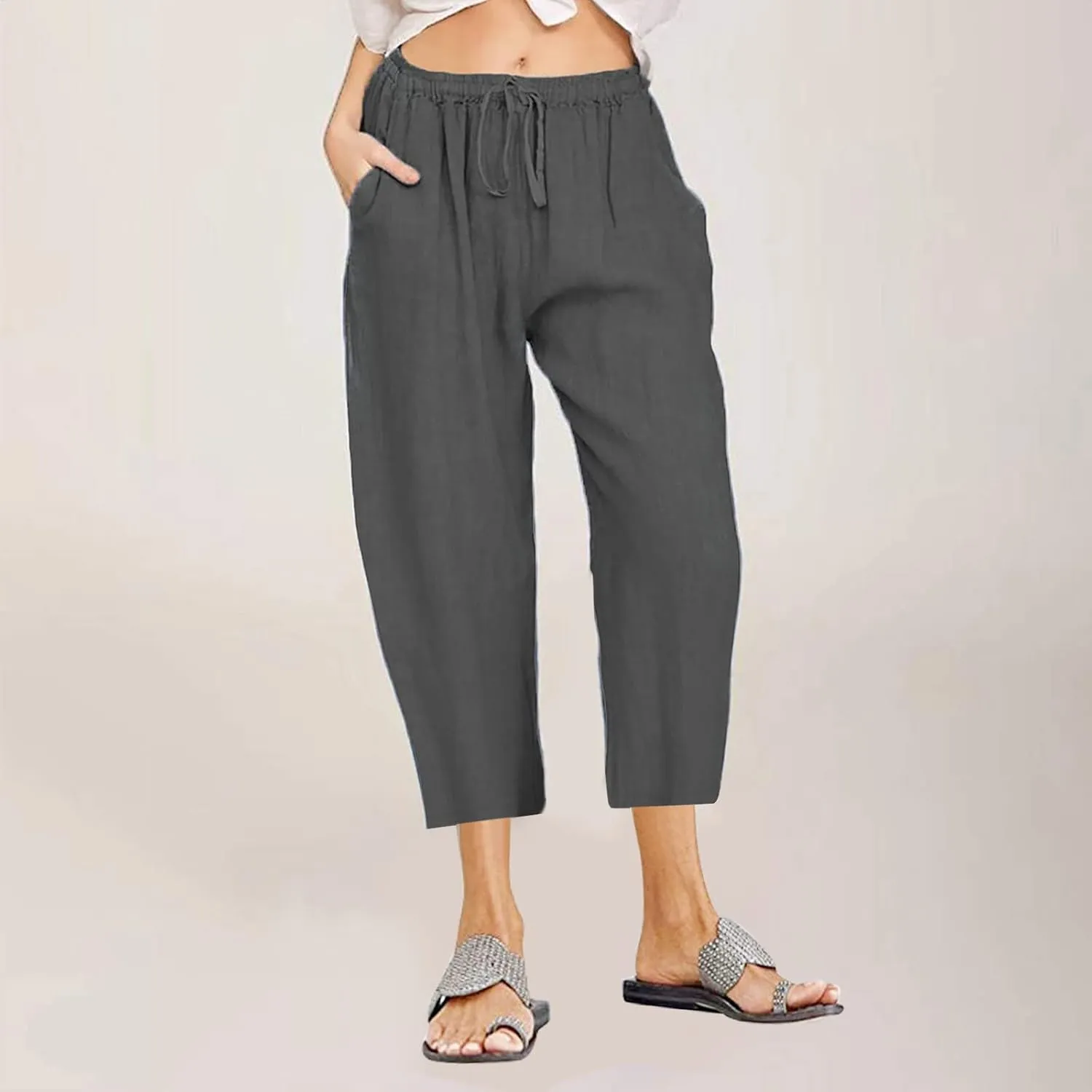 Womens Capri Pants Summer Casual Comfy Baggy Palazzo Pants with Pockets Trendy Loose Trouser with Pockets Plus Size