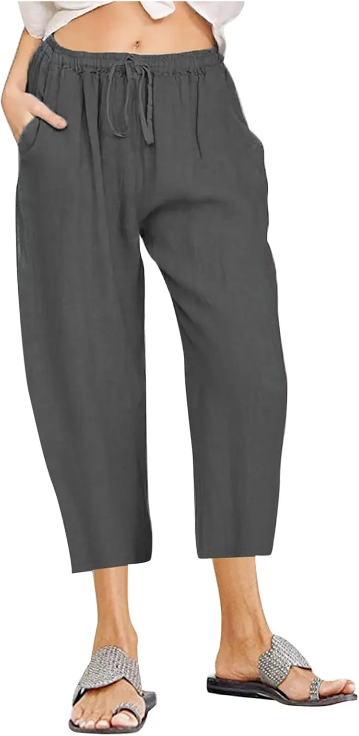 Womens Capri Pants Summer Casual Comfy Baggy Palazzo Pants with Pockets Trendy Loose Trouser with Pockets Plus Size