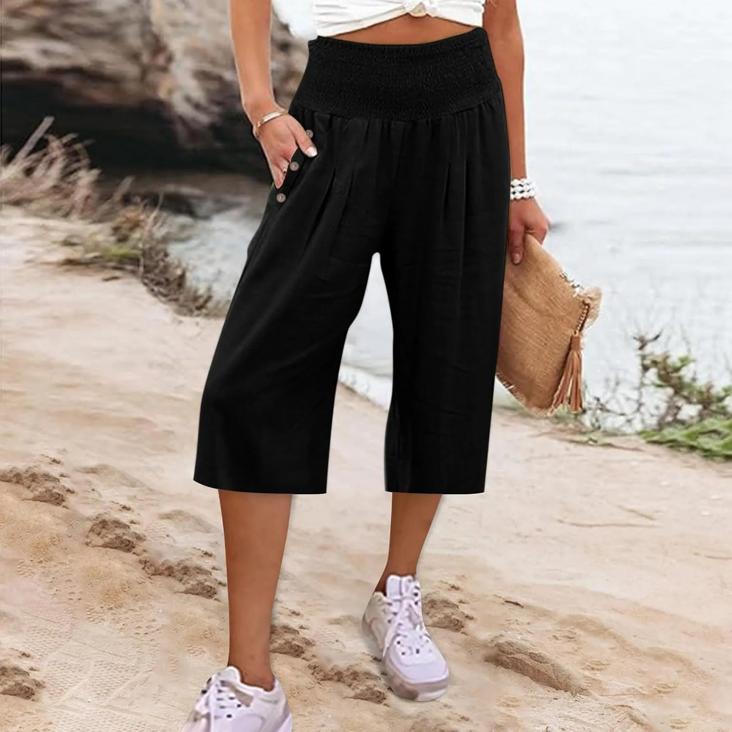 Womens Capri Pants, with Pockets Loose Wide Leg High Waist Capri Pants