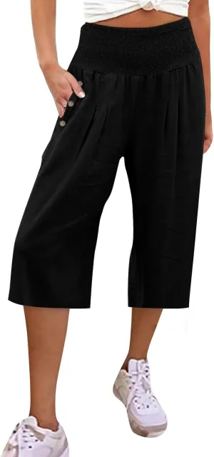 Womens Capri Pants, with Pockets Loose Wide Leg High Waist Capri Pants