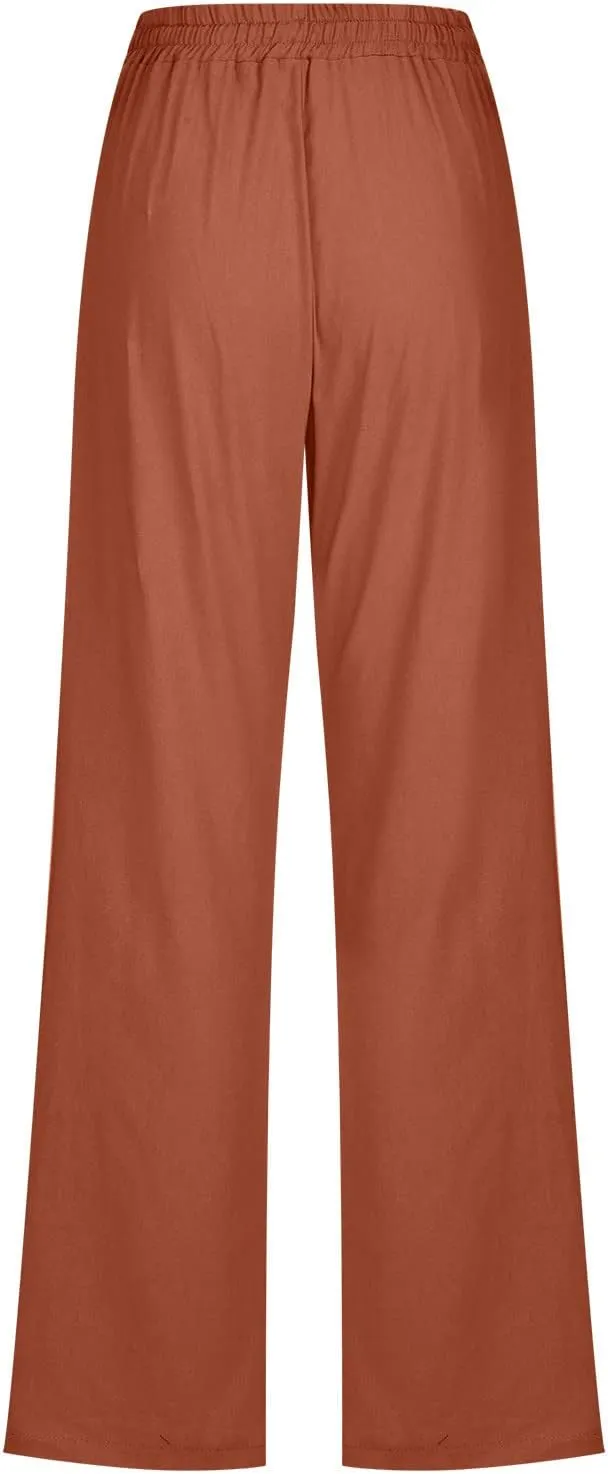 Womens Casual Comfy Linen Pants Solid Elastic Loose Cotton Pants Straight Wide Leg Trousers Summer Lightweight Pants