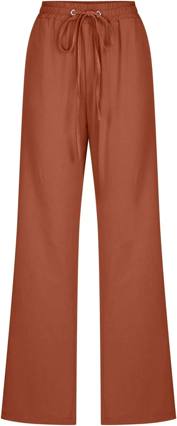 Womens Casual Comfy Linen Pants Solid Elastic Loose Cotton Pants Straight Wide Leg Trousers Summer Lightweight Pants