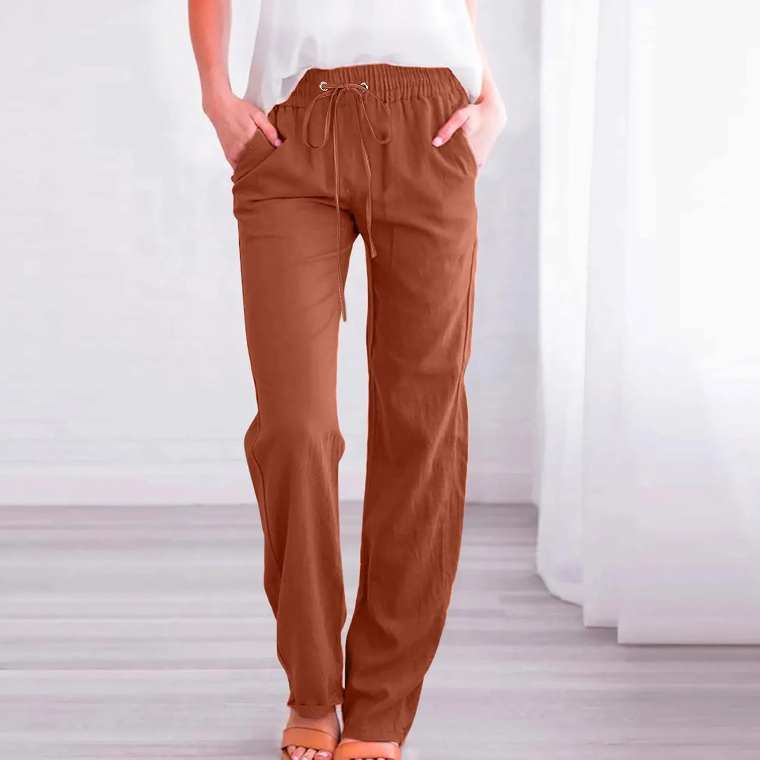 Womens Casual Comfy Linen Pants Solid Elastic Loose Cotton Pants Straight Wide Leg Trousers Summer Lightweight Pants