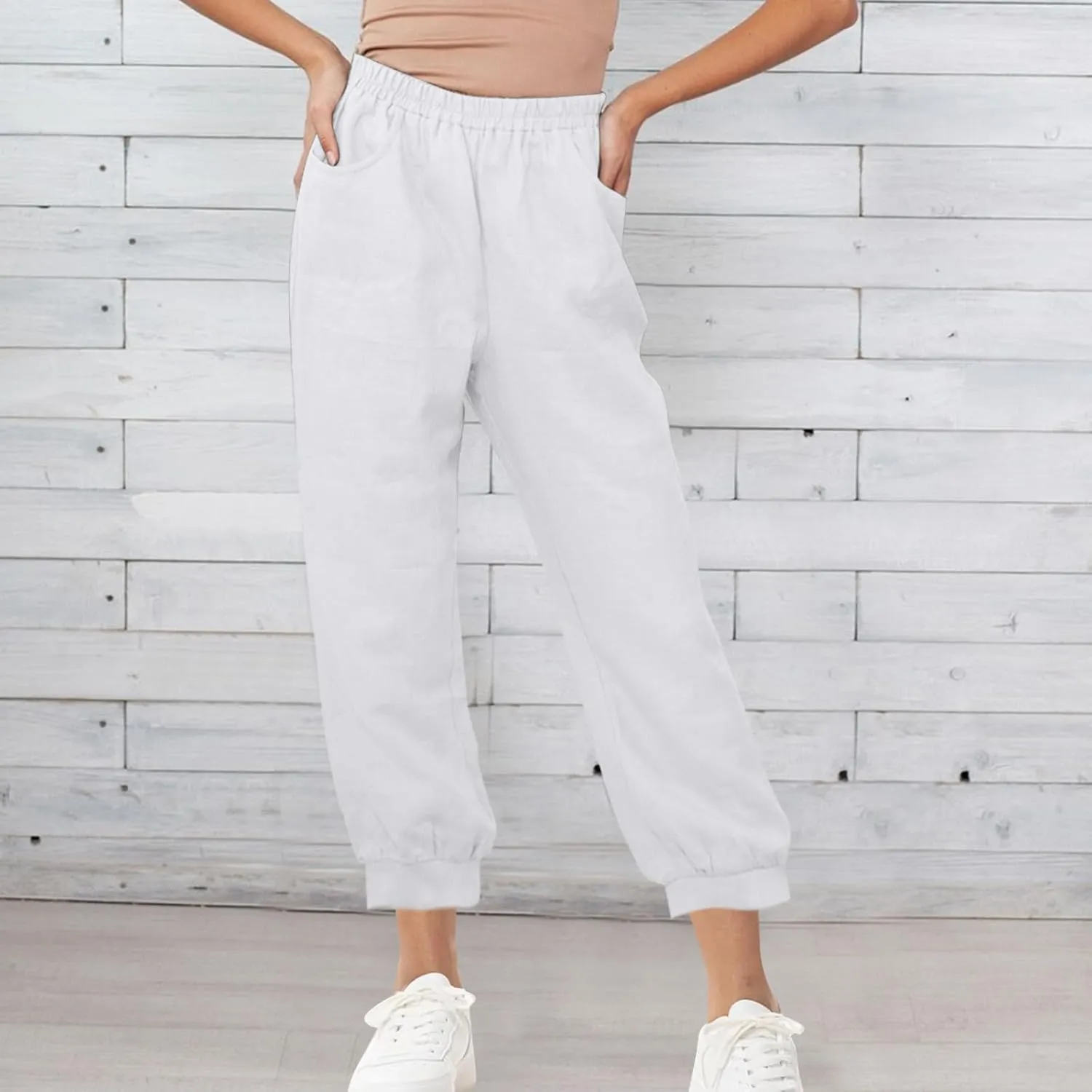 Womens Casual Cotton Linen Pants Lightweight Summer Relax Fit Elastic Waist Solid Color Lounge Trousers with Pockets
